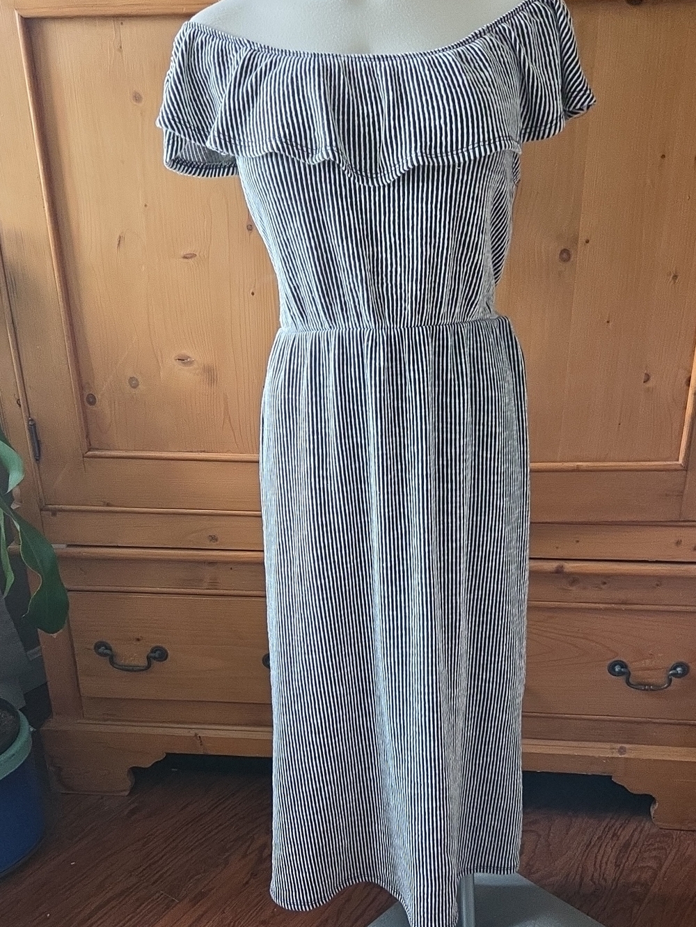 Caution To The Wind Off Shoulder Dress Black/ White Striped Size L